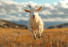 A lively lamb joyfully running across a golden field under an overcast sky photo