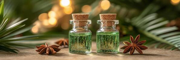 Botanical essential oil bottles with cork lids on a table surrounded by natural decor and plants photo