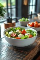 Fresh salad with mozzarella and cherry tomatoes served in elegant bowls on a wooden table photo
