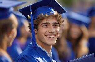 Proud graduate celebrating academic achievement in a joyful graduation ceremony setting photo