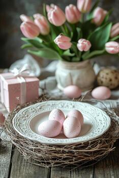 delicado rosado tulipanes y Pascua de Resurrección huevos arreglado en un rústico de madera mesa con un nido y regalo caja foto