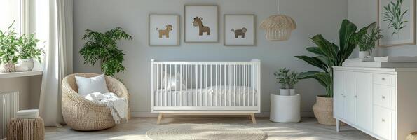 Cozy and modern nursery design featuring a crib, soft colors, and animal artwork in a serene space photo