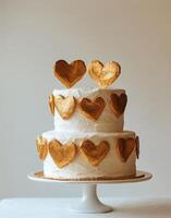 Elegant three tiered cake decorated with gold and white hearts for a wedding celebration photo