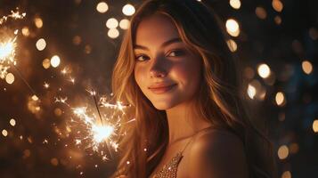 Young woman smiling while holding a sparkler against a backdrop of sparkling lights at night photo