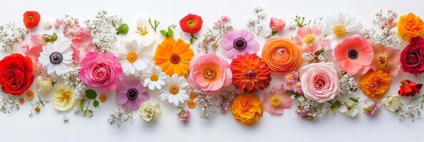 A colorful arrangement of various flowers on a light background showcasing spring beauty photo