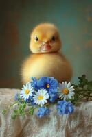 A cute duckling surrounded by colorful flowers in a serene indoor setting photo