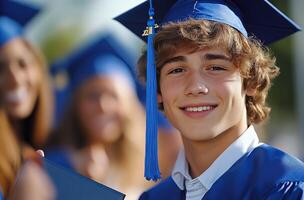 Proud graduate celebrating academic achievement in a joyful graduation ceremony setting photo