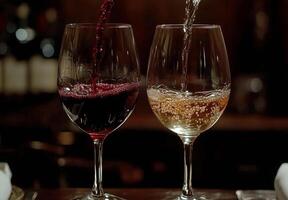 Pouring red and sparkling wine into glasses at a cozy bar during evening hours photo