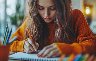 Woman in an orange sweater sketching with colored pencils at a cozy indoor workspace photo