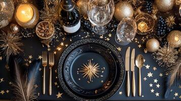 Elegant black and gold holiday table setting with decorative elements and twinkling lights photo