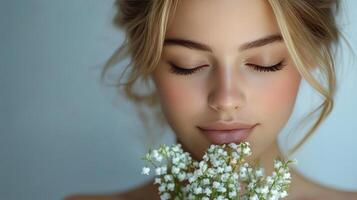 Young woman holding a bouquet of small white flowers with closed eyes in a simple background setting photo