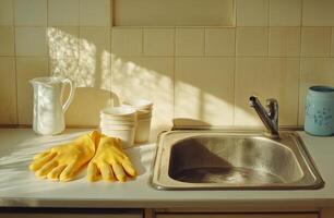 Cleaning gloves and containers next to an empty kitchen sink on a sunny day photo