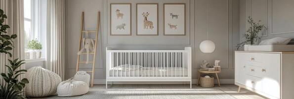 Cozy and modern nursery design featuring a crib, soft colors, and animal artwork in a serene space photo