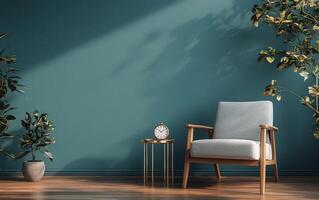 A cozy corner featuring a stylish chair and a side table in a teal colored room with greenery photo