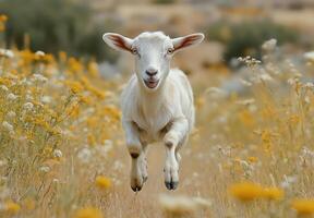 A lively lamb joyfully running across a golden field under an overcast sky photo