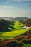 A serene late afternoon on the golf course with lush green fairways and distant golfers photo