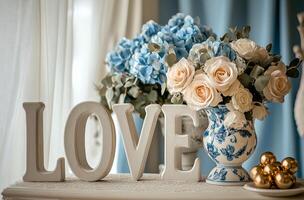 Bright setup with blue flowers, white love letters, and golden treats photo