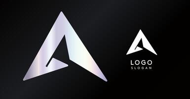 Geometric triangular A letter, abstract dynamic logo, modern holographic gradient monogram for gaming, technology, urban art, innovation, streetwear brand, sci-fi cybersport. illustration vector