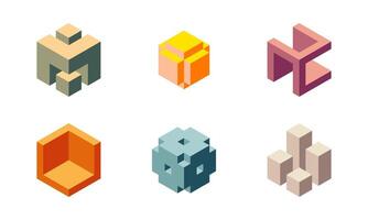 Cube logo, geometric design. Set box logotype company, trendy techno emblem in isometric 3D style. vector