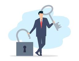 A young man in a suit holds a key and an open lock in his hands. Problem Resolution Concept. illustration. vector