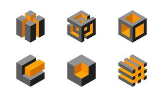 Cube logo, geometric design. Box logotype company, trendy tech emblem in pixel style. vector