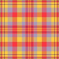 Bed check fabric texture, regular plaid textile. Shirt pattern tartan seamless background in amber and red colors. vector
