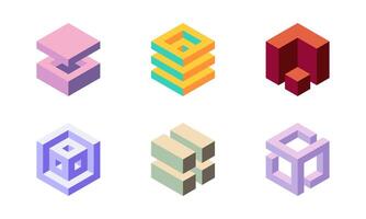 Cube logo, geometric design. Set box logotype company, trendy techno emblem in isometric 3D style. vector