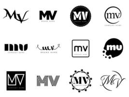 MV logo company template. Letter m and v logotype. Set different classic serif lettering and modern bold text with design elements. Initial font typography. vector