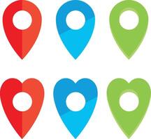 Illustration of red, blue and green map pin icons and heart shaped location pin in few variations vector