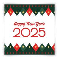 Happy New Year 2025 Greeting Card in minimalist design. Green, red and yellow color rhombus. Christmas diamond elements postcard. Geometric ornament. Scottish argyle plaid pattern. illustration vector