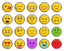 Emoticons with various emotions in pixel art. Cute funny faces in 8bit. Retro colorful graphic illustrations isolated on white background. illustration. vector