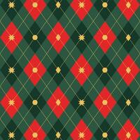 Seamless argyle plaid christmas pattern. Traditional Scottish ornament in green, red and yellow rhombuses. Background with lozenge diamonds and octagonal stars. Fabric texture. illustration. vector