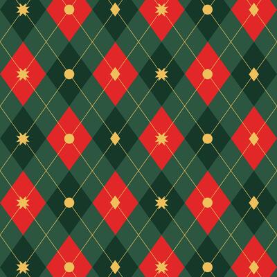 Seamless argyle plaid christmas pattern. Traditional Scottish ornament in green, red and yellow rhombuses. Background with lozenge diamonds and octagonal stars. Fabric texture. illustration.