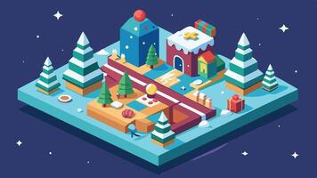 A whimsical winter wonderland in a colorful 3D landscape featuring snow-covered trees, playful buildings, and festive decorations during the holiday season at twilight vector