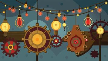 A vibrant steampunk-inspired backdrop featuring colorful gears and glowing lanterns, set against a dark blue background, perfect for a creative event atmosphere vector