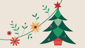 A colorful illustration of a decorated Christmas tree with vibrant flowers and a star on top, set against a soft background, ideal for holiday-themed designs and decorations vector
