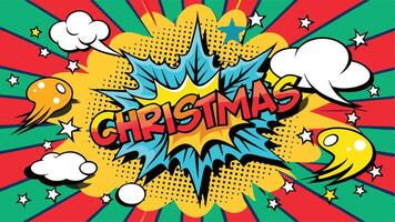 Colorful comic-style illustration featuring the word Christmas amidst vibrant colors, dynamic lines, and playful clouds, creating a festive atmosphere perfect for holiday celebrations vector