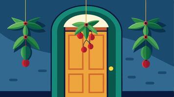 A colorful doorway adorned with hanging mistletoe and bright red berries in a cozy interior during the holiday season vector