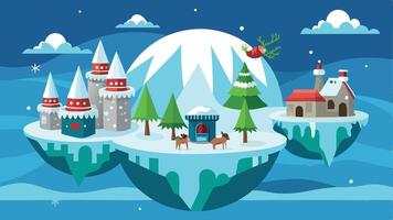 A whimsical winter landscape featuring floating islands with castles, snow-covered trees, reindeer, and a mountain backdrop under a starry sky vector