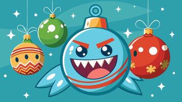A festive and playful cartoon ornament with a mischievous expression hangs among colorful holiday decorations, reflecting a light-hearted winter scene vector