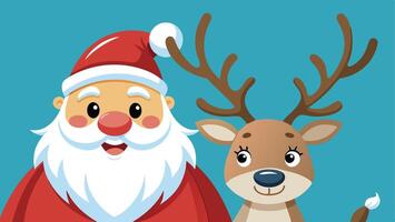 Cheerful Santa Claus and his friendly reindeer smiling together against a bright blue background during the festive holiday season vector