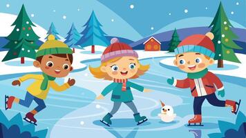 Children ice skating joyfully on a frozen pond in a winter wonderland surrounded by trees, with a small snowman and cottage visible during a bright, clear day vector
