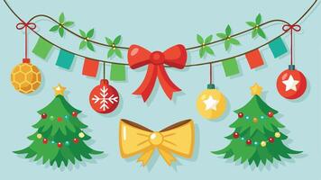 Colorful holiday decorations featuring Christmas trees, ornaments, and garlands set against a light blue background, creating a festive atmosphere for the winter season vector