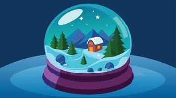 A colorful snow globe featuring a cozy cabin surrounded by snowy mountains and pine trees under a starry sky vector