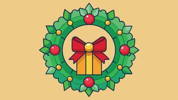 A colorful Christmas wreath adorned with red berries and a golden gift box wrapped in a bright red ribbon, set against a soft yellow background during the festive season vector