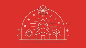 Simple line art of a winter scene with a Christmas tree, house, and snowflakes on a bright red background during the holiday season vector