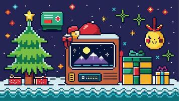 A vibrant pixel art depiction of a cozy Christmas setting featuring a decorated tree, retro television, gifts, and festive elements against a colorful winter night backdrop vector