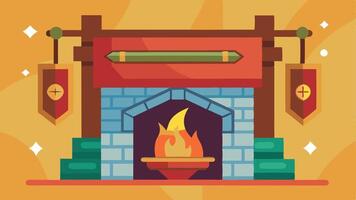 Cozy fireplace with decorative banners and vibrant flames in a warm-colored setting, creating an inviting atmosphere for relaxation and comfort vector