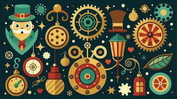 A whimsical arrangement of steampunk elements featuring gears, clocks, and a gentleman in a top hat, set against a dark background with colorful accents vector