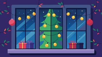 A cozy winter night view through a window featuring a decorated Christmas tree, colorful lights, and festive gifts adorned with ribbons and bows vector